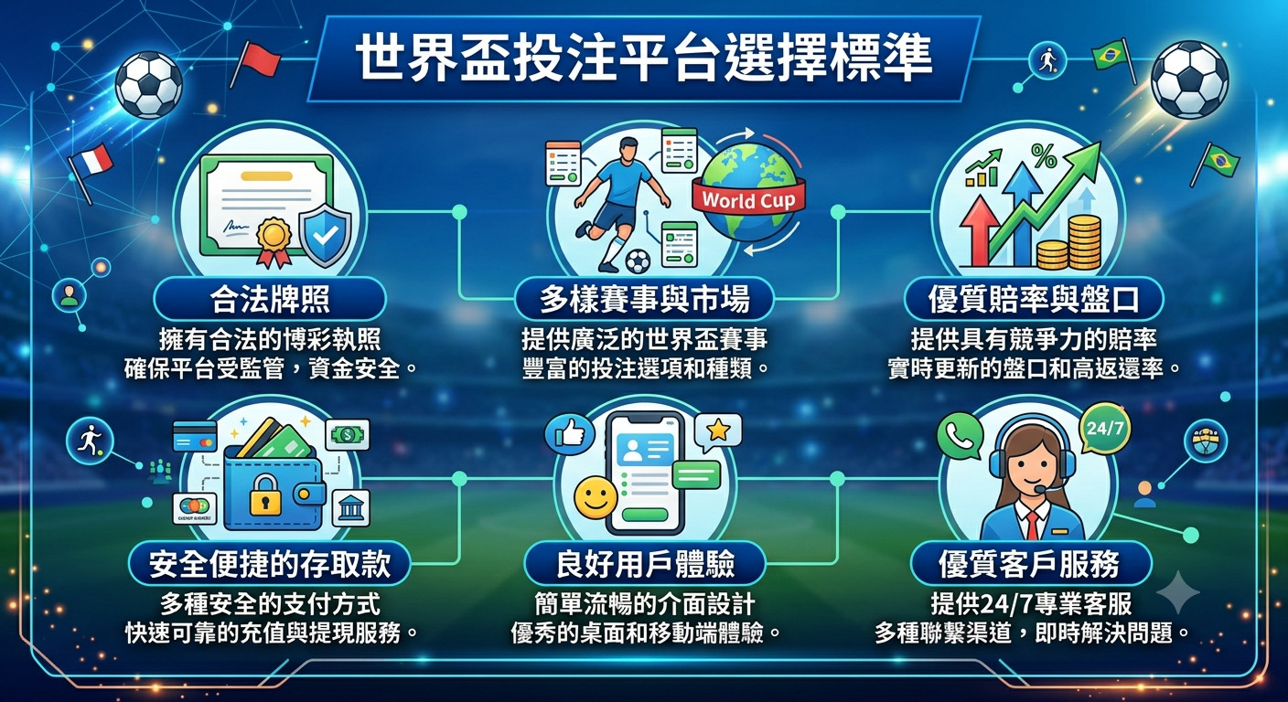 這張圖像以專業且清晰的視覺方式,列舉了挑選世界盃投注平台的六大關鍵標準。 設計結合了足球元素與現代科技風格,強調安全、賠率、體驗及服務等核心考量。