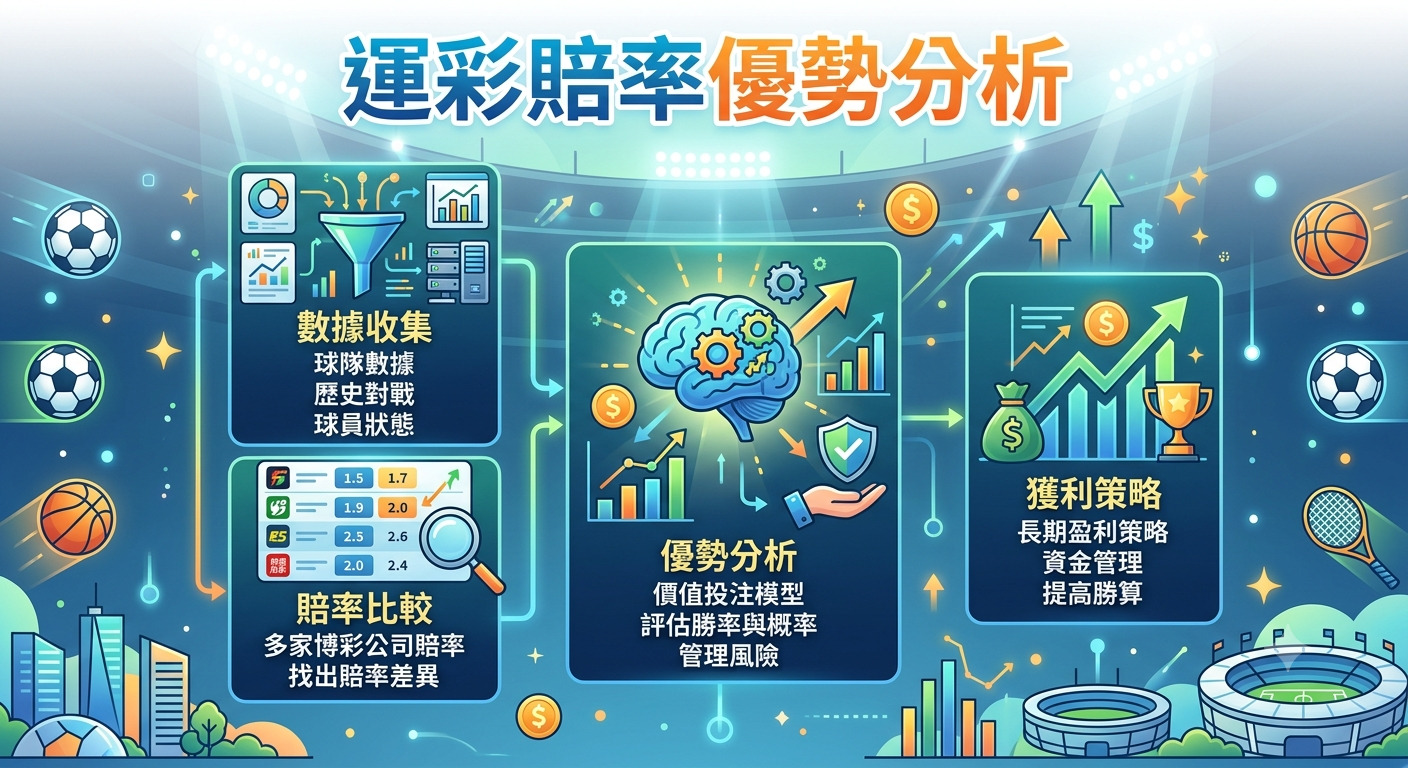 這張圖像以體育博彩賠率優勢分析為主題,透過數據圖表、運算大腦與獲利策略的視覺元素呈現分析過程。 整體畫面結合了賽場背景與專業統計圖示,旨在強調透過理性評估與風險管理來提升投注勝算的分析邏輯。